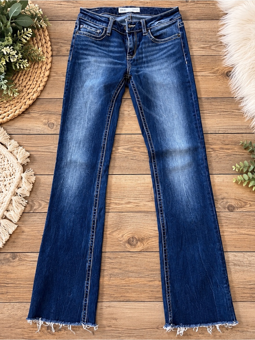 BKE Women's Dark Blue Faded Wide Leg Jeans